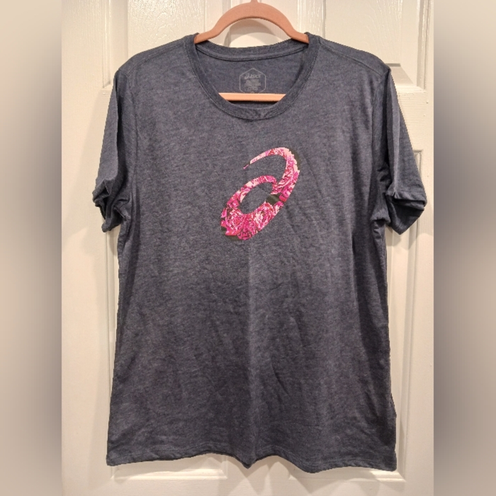 Asics Denim Blue Tee with Vibrant Pink Logo